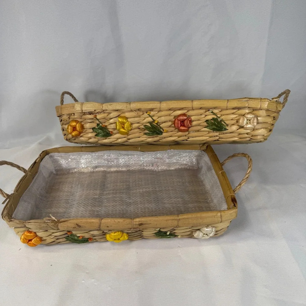 Vintage Woven Straw Nesting Baskets Set of 2 Floral Embroidery Rectangular Tan